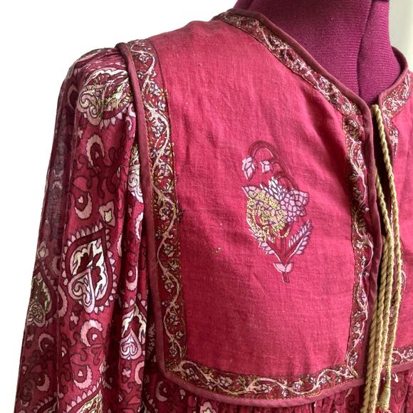 70s Adini Burgundy Boho Maxi Dress | Gold Print Empire Waist Tassel Beads Fall - Picture 15 of 16